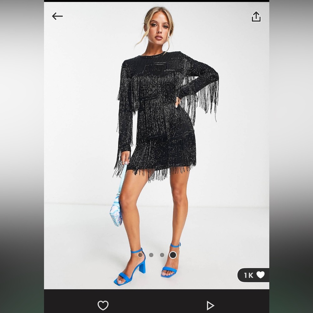 ASOS DESIGN embellished shift mini dress with beaded fringe in black.